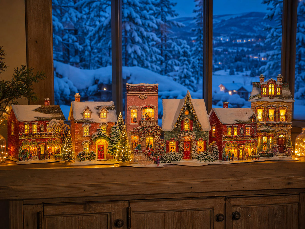 CranberryLand Christmas village houses illuminated with warm LED lights, creating glowing windows in a cozy winter evening display.