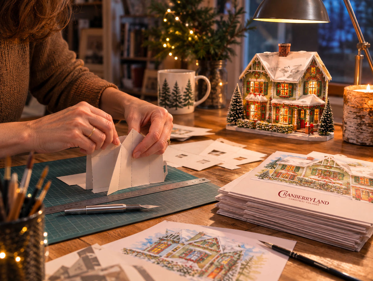 Handcrafted CranberryLand house prototype showing the folding mechanism developed by Liette Gariépy before illustration and assembly.