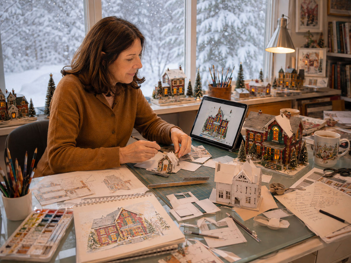 Liette Gariépy developing a CranberryLand Christmas village piece from original illustration to dimensional paperboard house.