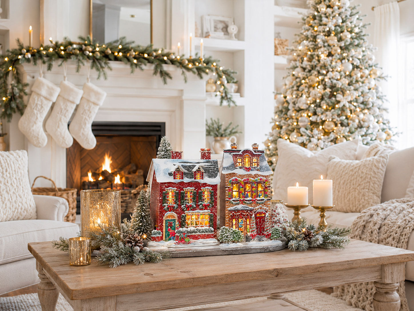 Discover a warm CranberryLand holiday display featuring two illuminated village houses in a cozy and festive Christmas setting.