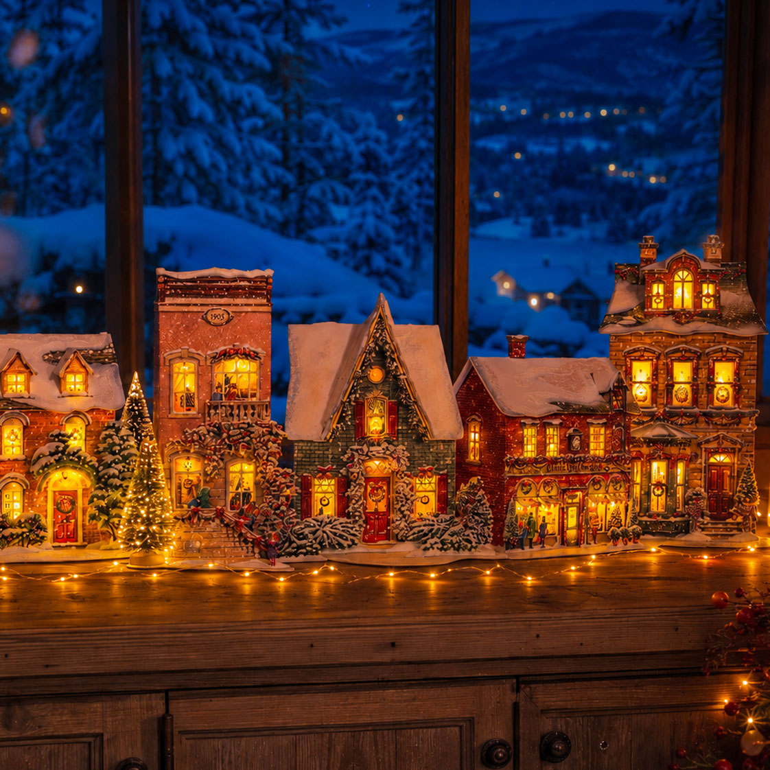 Lightweight CranberryLand Christmas village houses arranged on a bright holiday mantel with greenery and warm lights.